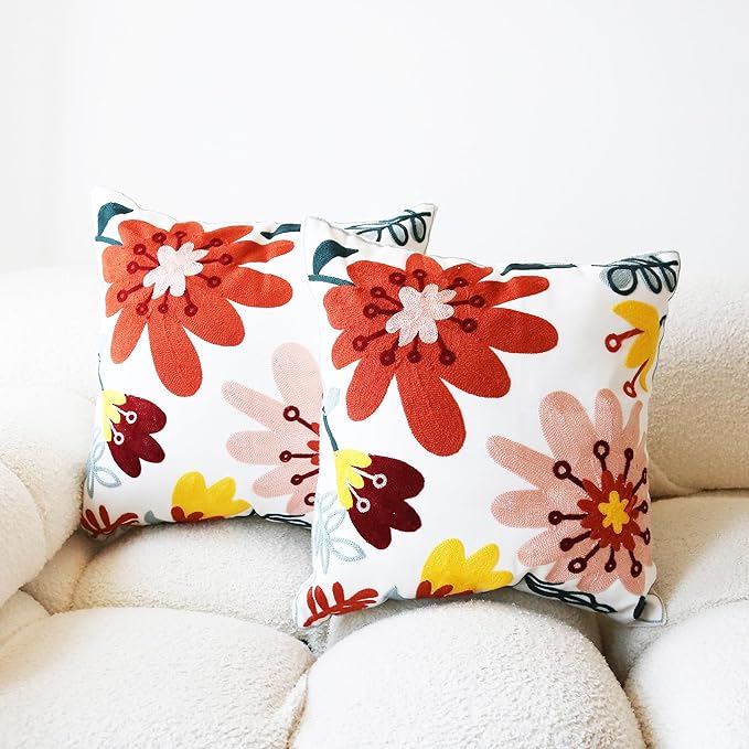 Embroidered Throw Pillow Cover Boho Floral Pillow Covers for Couch Sofa 3D Big Flowers Bohemian Pillow Covers Red Blush Yellow Botanical Leaves 2PCS Pillowcase Covers 18x18 Inch
