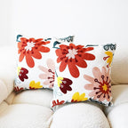 Embroidered Throw Pillow Cover Boho Floral Pillow Covers for Couch Sofa 3D Big Flowers Bohemian Pillow Covers Red Blush Yellow Botanical Leaves 2PCS Pillowcase Covers 18x18 Inch