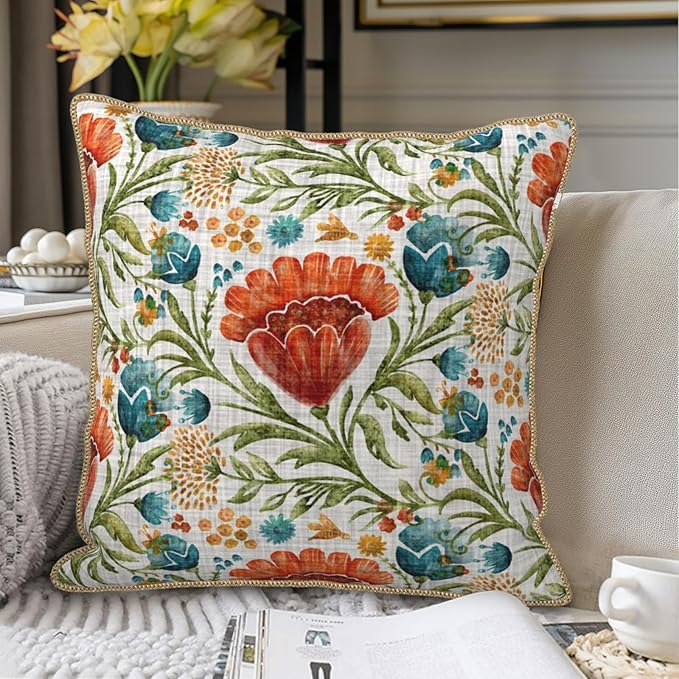 Red Blue Bright Floral Soft Velvet Throw Pillow Covers Set of 2 Colorful Flowers Green Leaf Plant Decorative Pillow Covers 20x20 Inch Boho Rustic Pillow Case For Sofa Couch Living Room Home Decor