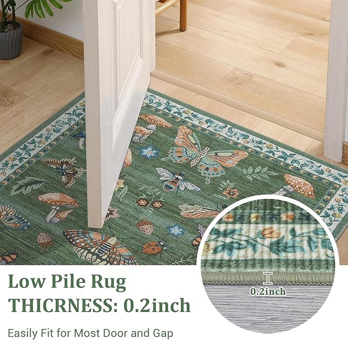 Mushroom Washable 8x10 Rug for Living Room Non Slip 8 x 10 Rug for Bedroom with Rubber Back Soft Low-Pile Stain Resistant Foldable Large Carpet for Office Nursery Dining Room Green