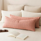 Foindtower Set of 2 Decorative Linen Check Throw Pillow Covers Neutral Farmhouse Vintage Cushion Covers Cozy Modern Boho Accent Home Decor for Sofa Chair Couch Bed Living Room,14×36 Inch,Coral Pink