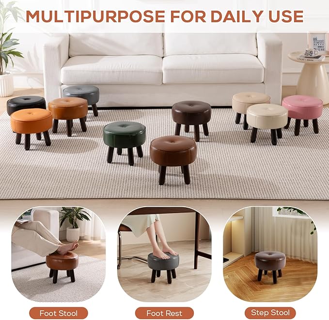 Small Foot Stool, Round Faux Leather Pouf Ottoman Foot Rest, Footstool Ottomans with Rubber Legs Under Desk, 13''L x 13''W x 10.2''H, Footrest for Couch, Living Room, Bedroom, Hallway, Brown