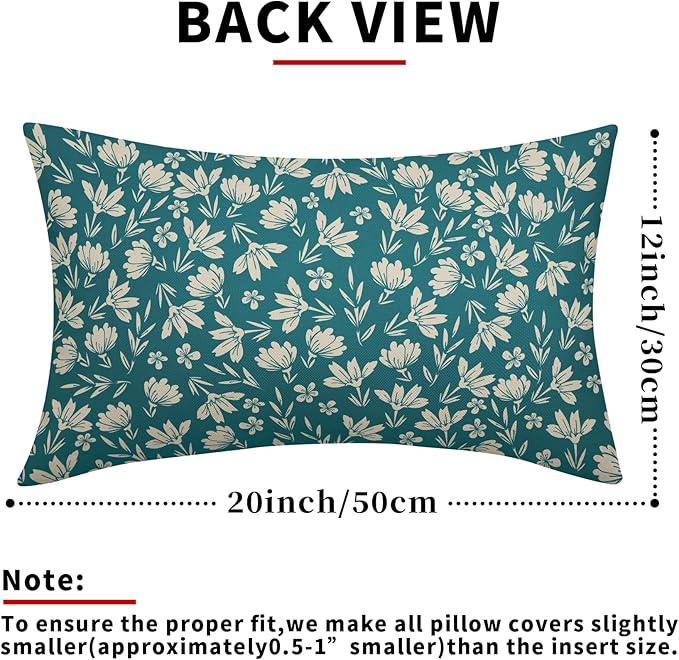 Teal Pillow Covers 12x20 Set of 2 Vintage Floral Rustic Old Style Cute Flower Print Rectangle Decorative Outdoor Pillowcases Seasonal Farmhouse Throw Cushion Case Couch Sofa Bed Decor