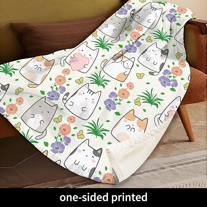 Throw Blanket for Couch, 300GSM Warm Soft Cozy Flannel Blanket, Cute Blanket for All Seasons Bedroom Home Decor Gifts, Cute Flower Cats 50x60 Inches