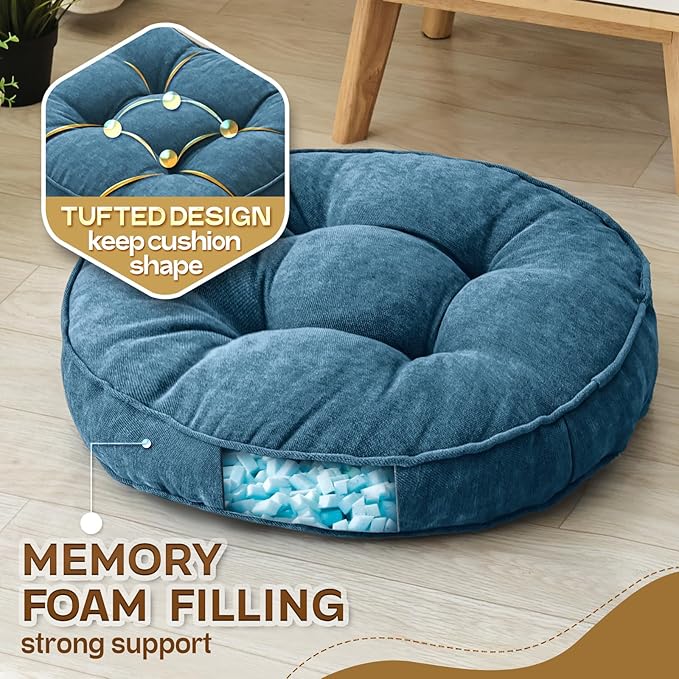Floor Pillow Set of 2, Memory Foam Floor Cushions for Adults, Large Meditation Pillow for Sitting, 22 x 22 Inches (Round | Navy)