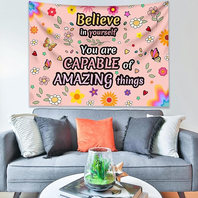 KJHL Pink Floral Motivational Tapestry Wall Hanging 44" x 60" Positive Affirmations Inspirational Kids Tapestries for Classroom Bedroom Dorm