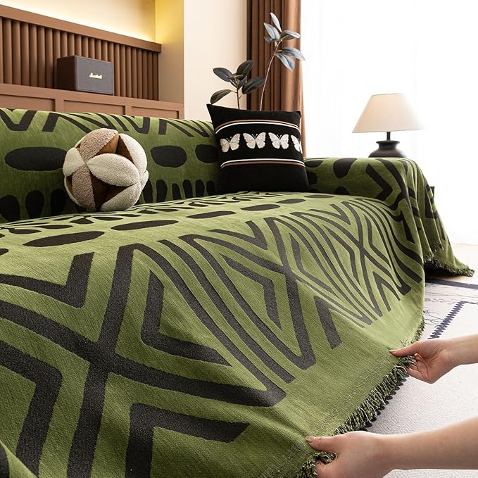 VClife Bohemian Green and Black Couch Cover Western Aztec Sofa Cover for 3-4 Cushion Couch Sofa Washable Chenille Sofa Slipcover Boho Non Slip Geometric Couch Covers for Sectional Sofa 71''x150''