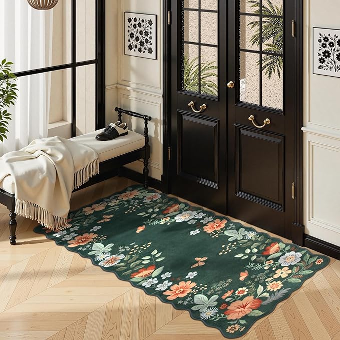 Lahome Floral Small Rug, 2x4 Kitchen Rugs Non Slip Washable Rug Ultra-Thin, Soft Front Door Mat Indoor Entrance Boho Low-Pile Entry Carpet for Bathroom Bedroom Flore (2x4ft,Dark Green)