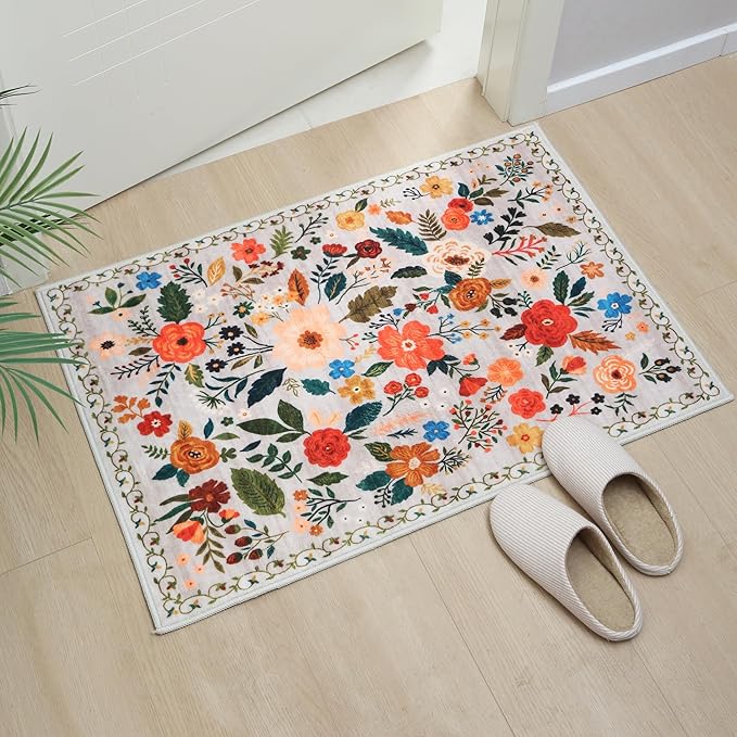 Rugcomf Door Mat Indoor Entrance 2x3 Rug Machine Washable Boho Floral Small Area Rug Non-Slip Low Pile Throw Rugs for Entryway, Kitchen, Front Door Indoor Entrance, Entry, Kids Room (Beige)