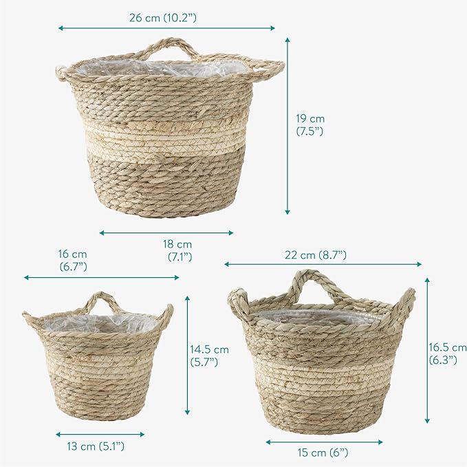 Navaris Seagrass Hanging Plant Pot Set - Decorative Indoor House Plant & Flower Pots with Jute Rope - Woven Basket Pattern for Home Storage - Small, Medium and Large Planters