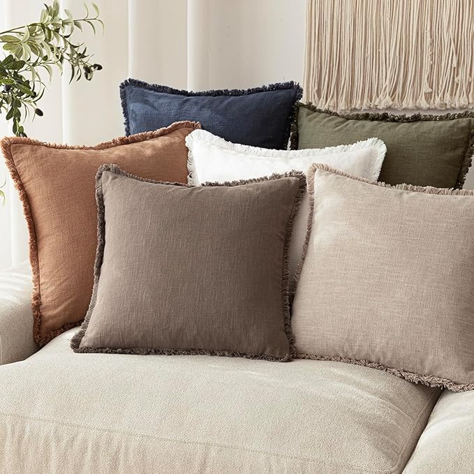Foindtower Set of 2 Decorative Linen Fringe Throw Pillow Covers Boho Farmhouse Cushion Cover with Tassels Soft Accent Pillowcase for Couch Sofa Bed Living Room Home Decor,26×26 Inch,Light Coffee
