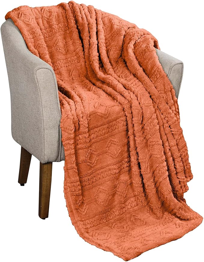 Superior Fleece Boho Jacquard Blanket, Decorative Blankets for Bedroom, Sofa, Plush, Fluffy, Soft, Cute Room Decor, Beautiful Cover, Comfort Essentials, Arctic Collection, Throw XL, Dusty Orange