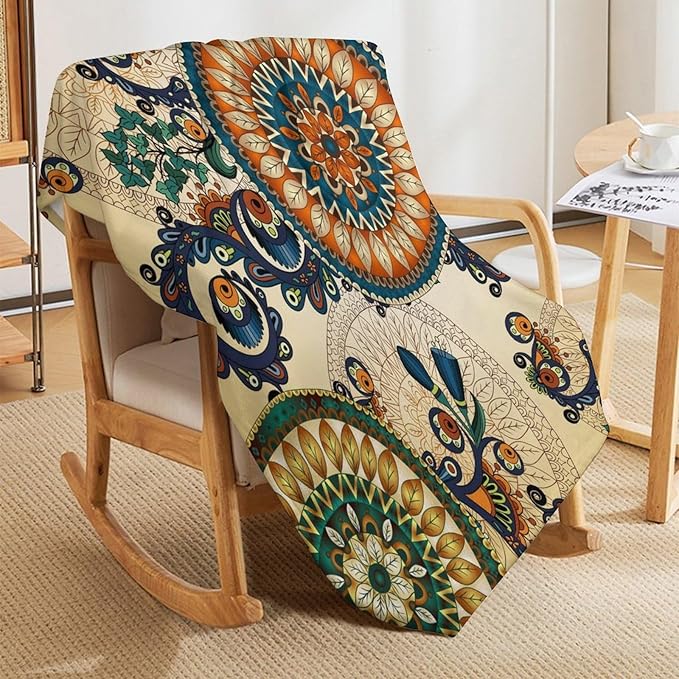 Bohemian Flower Throw Blanket Boho Mandala Floral Flowers Print Pattern Blanket for Sofa Bed Couch Chair Or Dorm 70"x80"