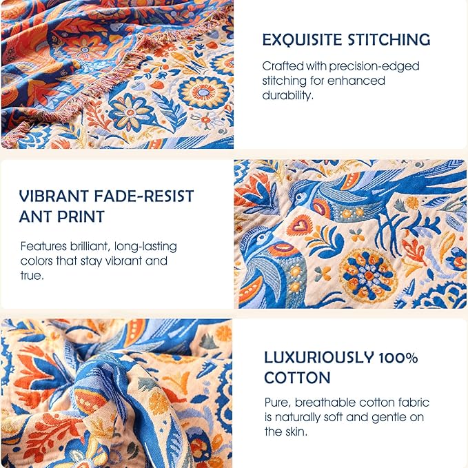 Boho Throw Blanket - 100% Cotton Ultra Soft Muslin Spring Blanket, 60"x80" Lightweight Floral Bird Framhouse Bedding Blanket for Bed, All Season Blue Bohemian Bedroom Home Decor Quilt