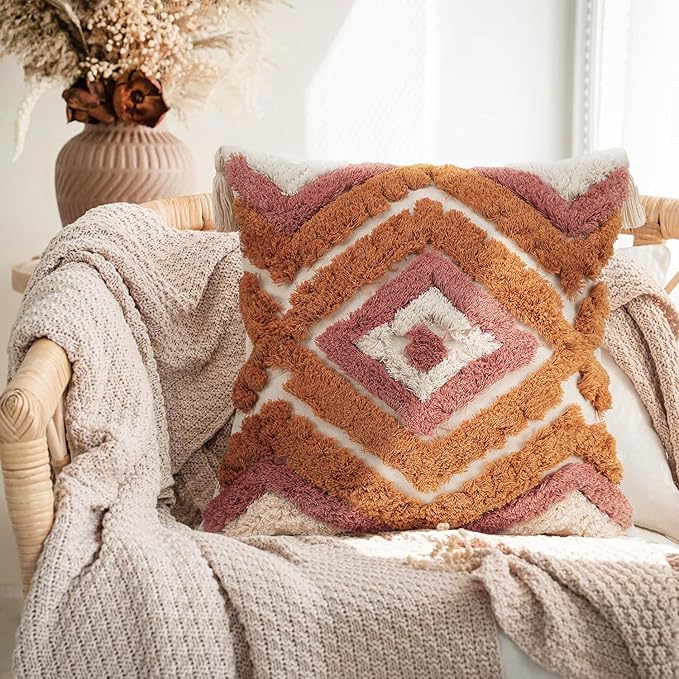 Merrycolor Boho Throw Pillow Covers 20x20 with Tassels, Decorative Pillow Covers Woven Tufted Bohemian Pillow Covers for Couch Sofa Bedroom Living Room