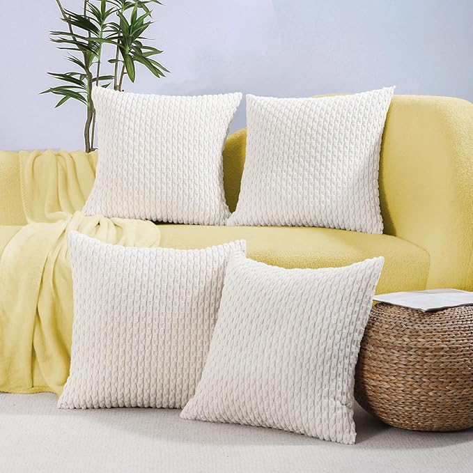 VAKADO Couch Decorative Throw Pillow Covers Cream White 18x18 Set of 4 Boho Corduroy Home Living Room Neutral Rustic Farmhouse Cushion Case Decor Square for Bed Sofa