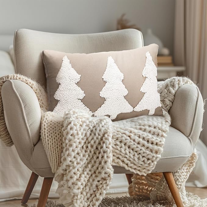 Mixweer Christmas Tree Pillow Covers 12 x 20 Inch Christmas Pillow Covers Neutral Xmas Decor Neutral Tufted Embroidery Decorative for Winter Sofa Home Living Room Bedroom Holiday Decor