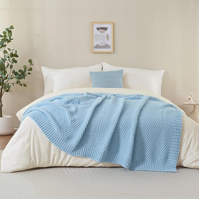 Knitted Throw Blanket 50"X60", Light Blue Knit Throws for Bed, Super Soft Boho Chevron Blankets for Couch Sofa Chair Room Decor, Textured Decorative Farmhouse Cozy Lightweight