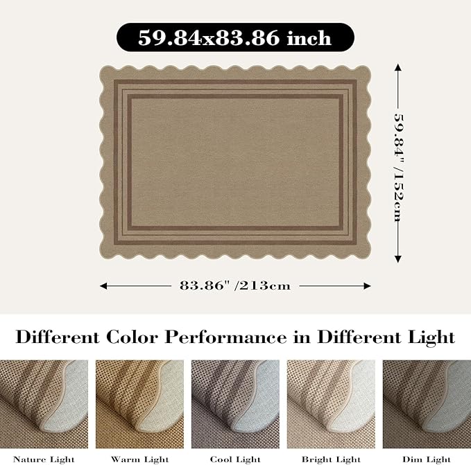 Scalloped 5x7 Rug for Living Room, Easy Jute Washable Outdoor Patio Carpet, Farmhouse Indoor Brown Geometric Rug Neutral Non Slip Carpet for Living Room Backyard