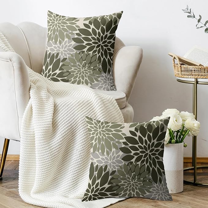 Olive Green Grey Gray Pillow Covers 16X16 Inch Set of 2, Dahlia Flower Spring Summer Floral Cream Decorative Throw Pillow Covers Outdoor Modern Farmhouse Cushion Case for Home Couch Sofa Bed Decor