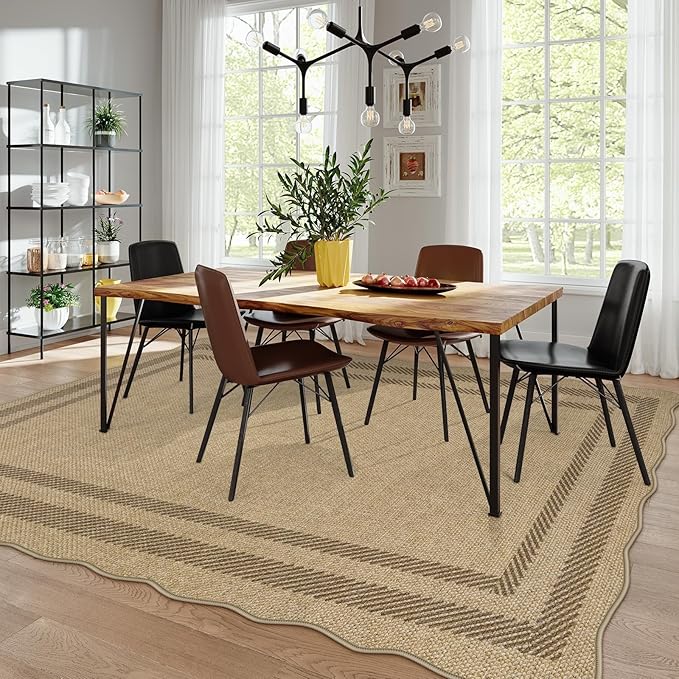LIVEBOX Scalloped Washable 8x10 Rug, Easy Jute Tan Rug for Living Room, Indoor Outdoor Patio Non Slip Rugs for Bedroom, Geometric Farmhouse Dining Room Mat Modern Carpet Area Rug for Home Office Decor