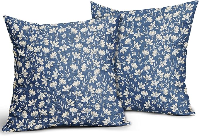 Blue Pillow Covers 18x18 Set of 2 Vintage Floral Rustic Old Style Cute Flower Print Decorative Outdoor Pillowcases Seasonal Farmhouse Throw Cushion Case Decor for Couch Sofa Bed