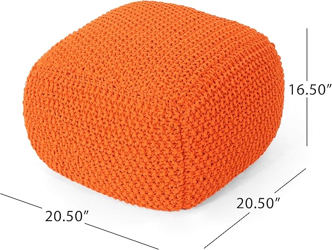Christopher Knight Home Lucy Knitted Cotton Square Pouf, Orange, Small