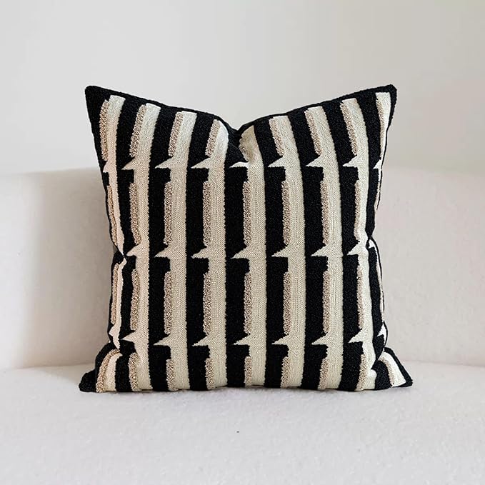 20"x20" Black Cream Stripe Tufted Pillow Covers Luxury Geometric Accent Pillows Soft Woven Decorative Pillow Cases for Couch, Sofa, Bedroom Décor (Black, 20"×20")
