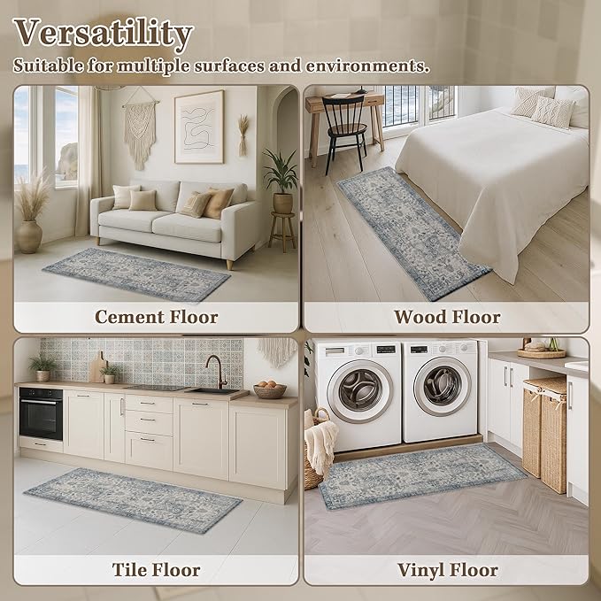 Arttown Kitchen Mats for Floor 2Pcs-Anti Fatigue Non Slip Mats for Kitchen Floor, Cushioned Waterproof & Stain-Resistant Boho Stripe Mat Set, Laundry Room, Office, Sink, Desk (Light Blue)