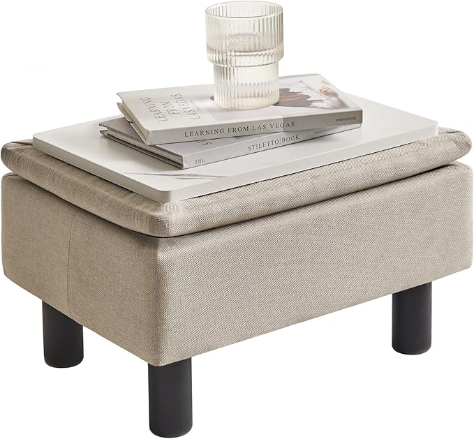 IBUYKE Storage Ottoman Footrest Stool with Linen Fabric, Rectangular, Flip Top Lid, Non-Slip Feet, Compact Design, Stylish and Functional, Linen RF-BD223
