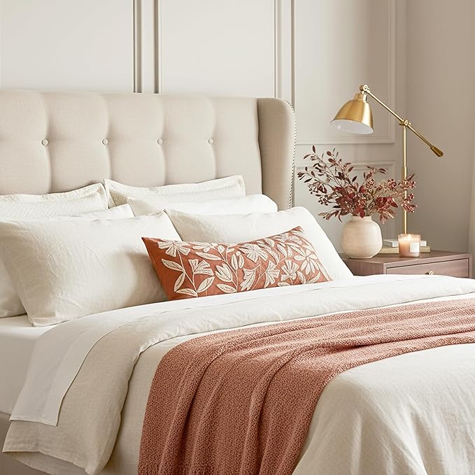 BlissBlush 14x36 Lumbar Pillow Cover for Bed, Brick Red Rectangular Long Throw Pillowcase, Embroidered Velvet Floral Tufted Farmhouse Accent Cushion (Cover Only)