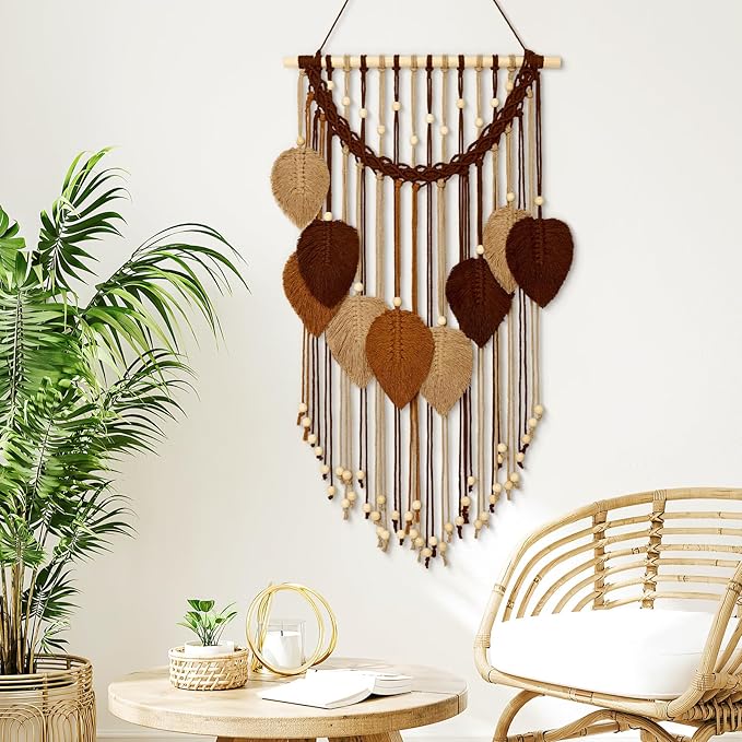 Weldomcor Macrame Wall Hanging Boho Leaf Woven Tapestry, Bohemian Chic Home Decor Modern Handmade Leaves Feather Wall Art Decorations for Bedroom Living Room Apartment Ornament 16.5" W X 31.5" L