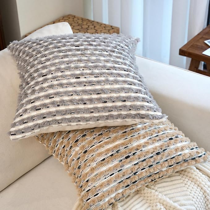 Aeckself Handmade Boho Chenille Tufted Pillow Cover 18x18 Inch, Decorative Square Throw Pillow Cover Neutral Pillowcase for Couch Bedroom Living Room, Brown Blue