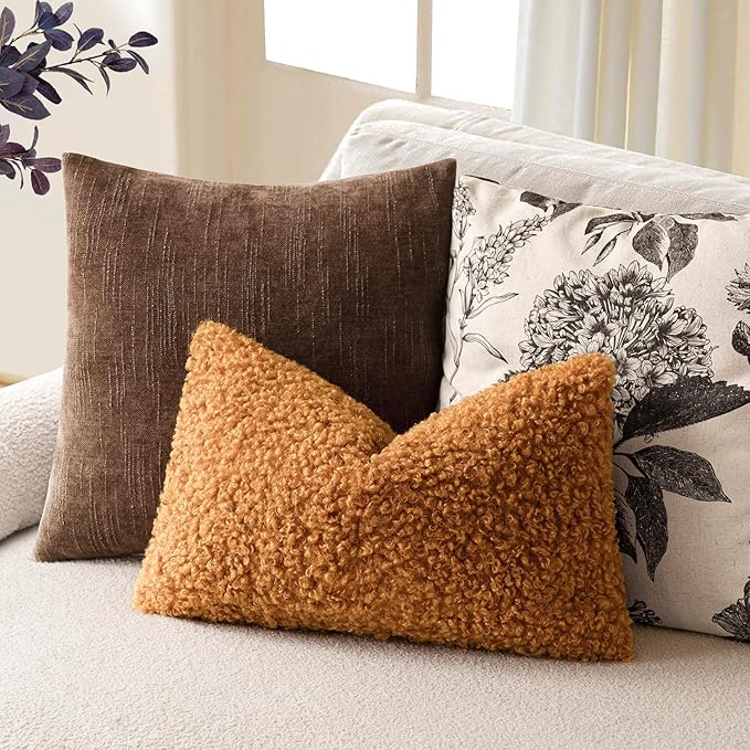 Foindtower Set of 2 Curly Teddy Wool Pillow Covers Decorative Boucle Textured Lumbar Throw Pillow Faux Fur Sherpa Pillowcases Sheepskin Fuzzy Cushion Case for Sofa Bedroom Car 12"x20" Orange