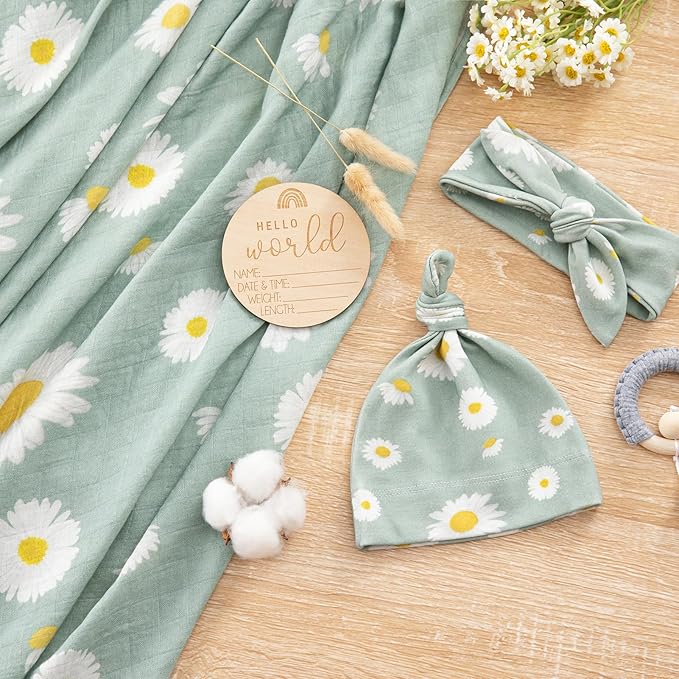 BabyWhale Muslin Swaddle Blanket with Hat and Headband Bow, Daisy Pattern Swaddle Set for Baby Boys & Girls, Soft Receiving Blanket, 47x47 inches, Green