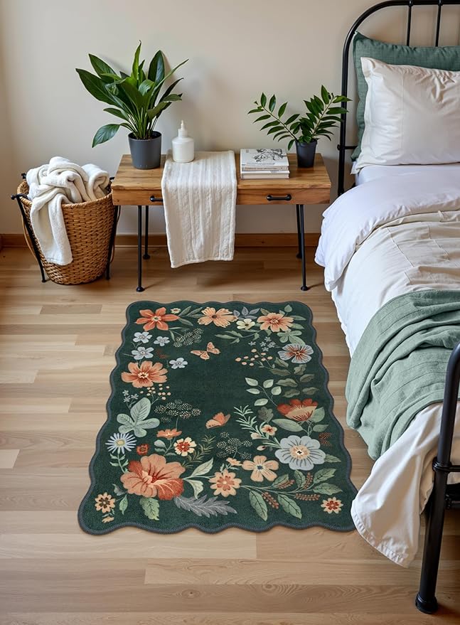 Lahome Floral Green Rugs for Entryway, 2X3 Washable Kitchen Rugs Non Slip Soft Rug, Ultra-Thin Indoor Door Mat Boho Small Throw Carpet for Bathroom Bedroom Flore (2x3ft, Dark Green)