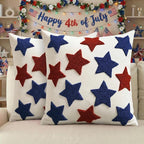 AVOIN colorlife 4th of July Patriotic Red Blue Stars Embroidered Throw Pillow Covers, 18 x 18 Inch Independence Day Decor Tufted Patterned Linen Cushion Case for Sofa Couch Set of 2