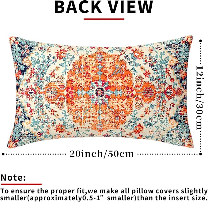 Orange Blue Ethnic Boho Lumbar Pillow Covers 12x20 Inch Bohemian Carpet Vintage Rust Coral Floral Pillow Cases for Couch Farmhouse Rectangle Rustic Rug Pillow Cases for Bed Patio Outdoor Indoor Set 2