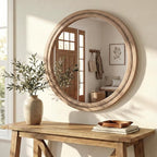 30" Round Solid Wood Mirror for Bathroom Vanity, Handcrafted Beaded Circle Wall Mirror - Natural Boho Farmhouse Decor for Entryway & Bedroom