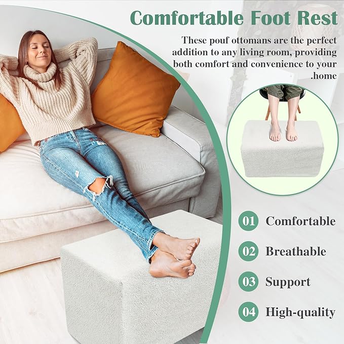 Rectangular Pouf Ottoman, Stuffed Floor Pouf with Foam Chunk Filling, Soft Coral Fleece Furry Foot Rest Stool, Multi-Use Ottoman for Living Room, White
