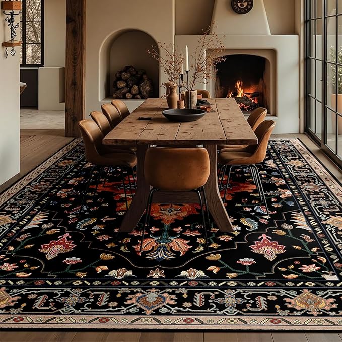 Area Rugs 6'x9' Washable Non-Slip, Floral Vintage Distress Print Pattern Medallion Carpet for Living Room Bedroom Dining Room, Black Colorful Floral Dark Tan