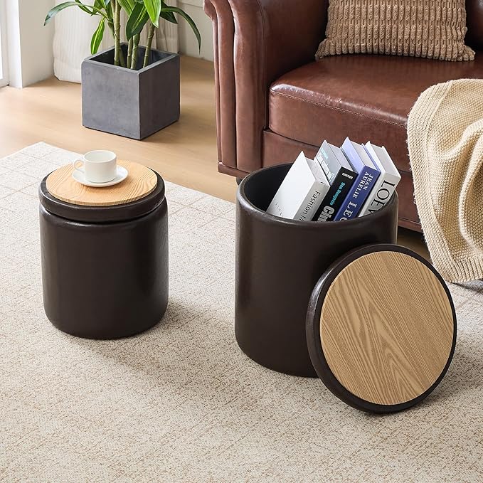 Round Set of 2 14.76" L x 14.76" W x 17.32" H Faux Leather Ottoman with Storage, Small Foot Rest Storage Ottomen with Lid Living Room, Bedroom Vanity Stool Chair, Coffee