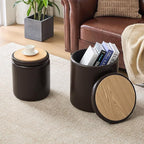Round Set of 2 14.76" L x 14.76" W x 17.32" H Faux Leather Ottoman with Storage, Small Foot Rest Storage Ottomen with Lid Living Room, Bedroom Vanity Stool Chair, Coffee