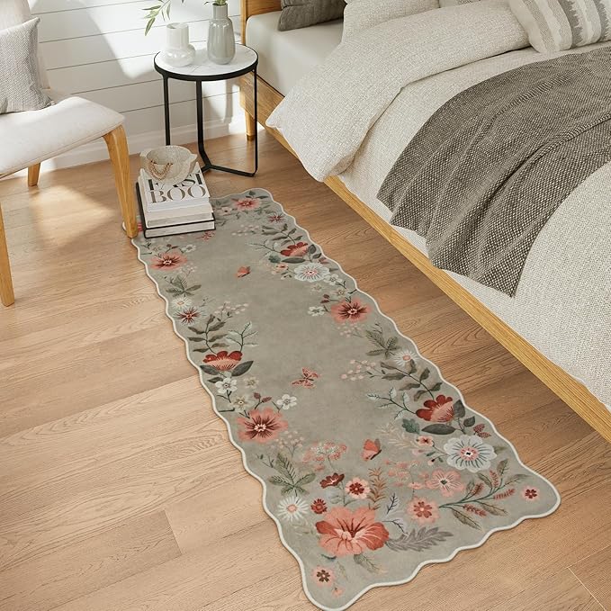 Lahome Floral Kitchen Runner, 2X6 Washable Runner Rug Non-Slip, Ultra-Thin Soft Hallway Rug Stain Resistant Boho Carpet for ‎Bedroom Laundry Bathroom Flore, Brown