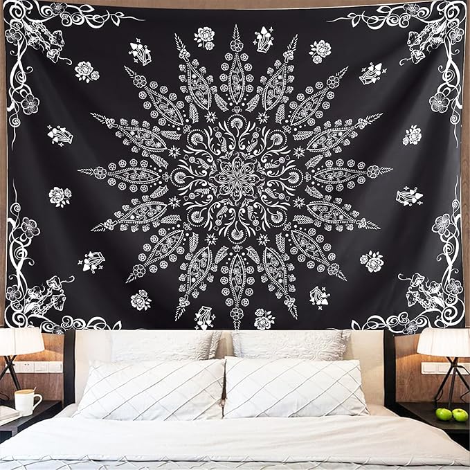 KJHL Floral Bohemian Tapestry Black and White Flower Aesthetic Tapestry Mandala Room Decor Wall Hanging Boho Tapestries for Bedroom Dorm(Black, 59" x 79")