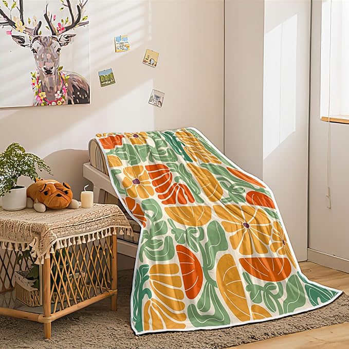Boho Abstract Colorful Floral Throw Blanket, Vintage Retro Patchwork Orange Green Flower Botanical Geometric Aesthetic Groovy Flannel Throw Blanket for Chair Bed Sofa Couch, 60X70IN