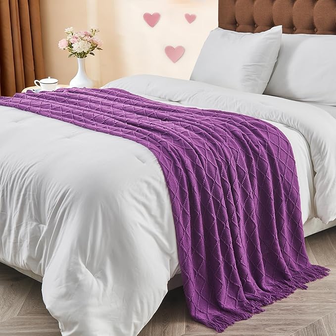 inhand Purple Knitted Throw Blanket for Couch Bed, Mothers Day/Mom Birthday Gifts for Mom from Daughter Son, Soft Lightweight with Tassels, Farmhouse Warm Decorative Blanket for Women, 50"x60"