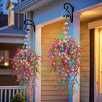 Solar Hanging Basket with Artificial Flowers: UV Resistant Fake Plants Basket with RGB Lights for Summer Decor - 2 Pack Cone Baskets with 8PCS Faux Silk Flower Flowers for Outdoor Garden Porch Patio