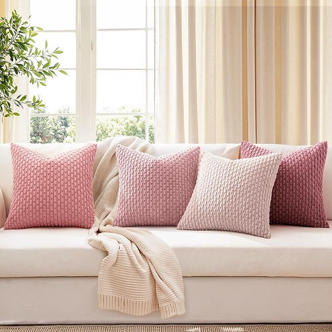 MIULEE Aesthetic Pink Decorative Throw Pillow Covers for Couch Living Room 20x20 Inch Set of 4 Cute Soft Cushion Covers Corduroy Pillowcases Spring Coquette Room Decor for Bed Sofa Room, Blush Rose