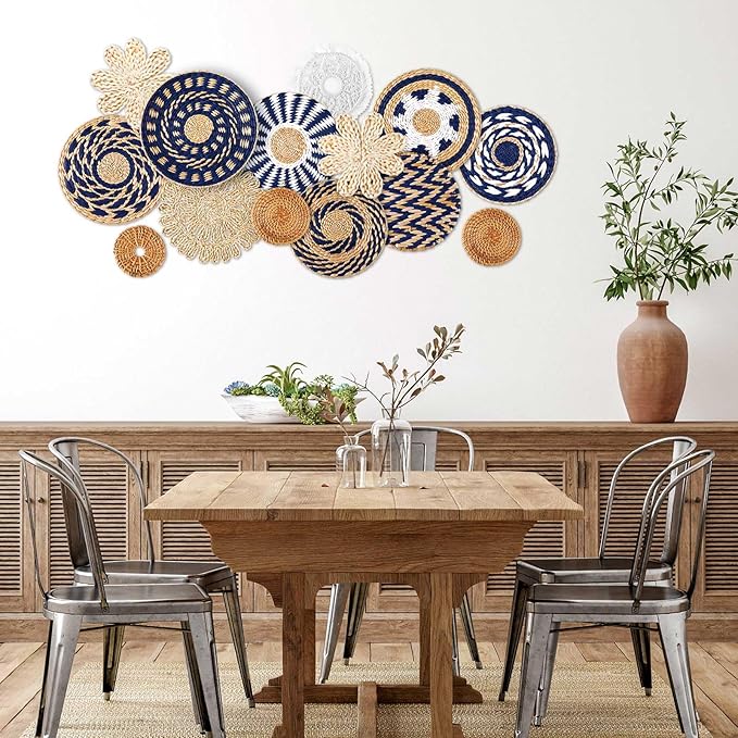Xuhal 15 Pcs Boho Wall Basket Decor Handcrafted Seagrass Woven Wall Basket Rustic Round Woven Hanging Art for Home Farmhouse Kitchen Table Living Room(Blue Classic Style)